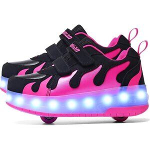 Kids Black/rose Usb Chargeable Led Light Up Wheeled Skate Sneaker Shoes